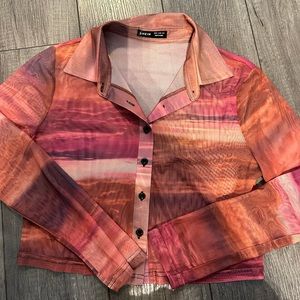 Sunset, print, mash, long sleeve cropped shirt